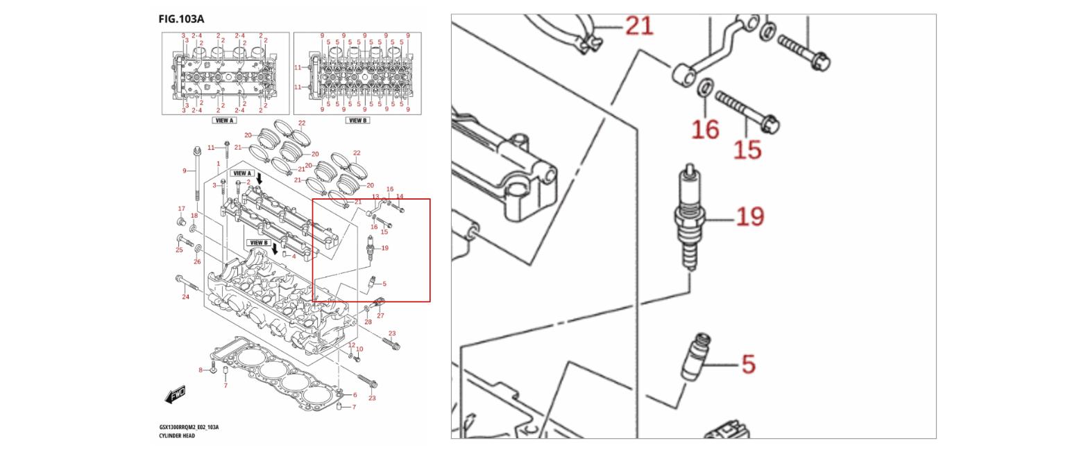 Suzuki tændrør 09482-00558, Snap-on fig. 103A, cylinderhoved
